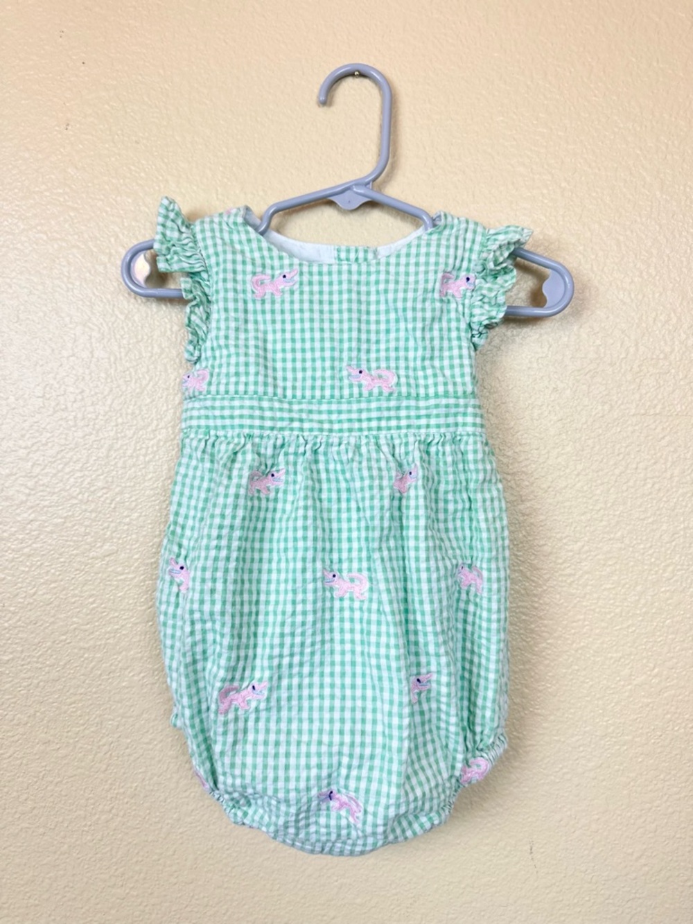 CPC Childrenswear Pink Seahorse Bubble Romper Green Gingham Embroidery 12-18m